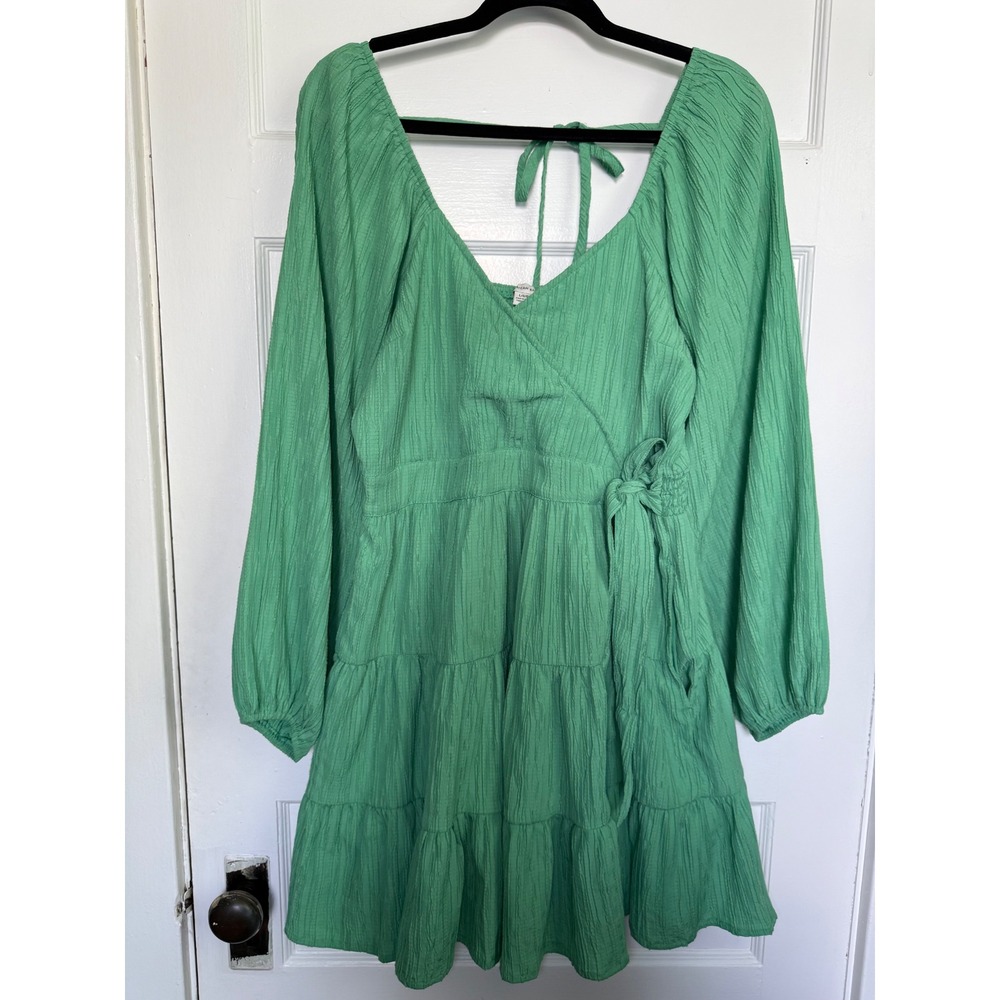 American Eagle Green Textured Wrap Mini Dress Long Sleeve Tiered Pockets L